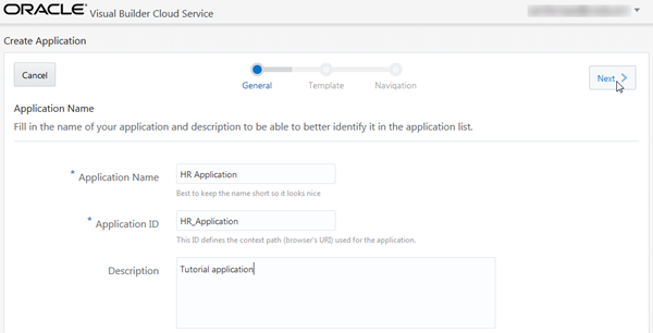 Application Name page in Create Application wizard