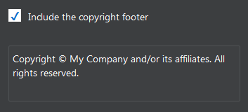 Copyright Footer section in the Theme-Area Properties pane