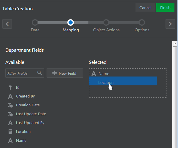 Mapping page of the Tabel Creation wizard