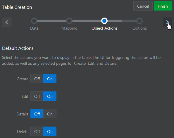 Object Actions page of the Table Creation wizard