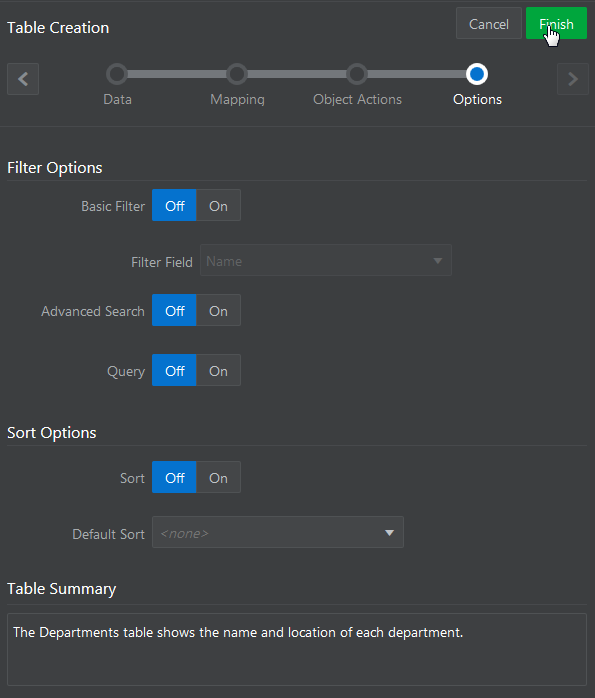 Options page of the Table Creation wizard