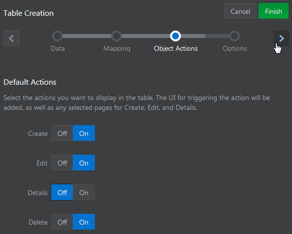 Object Actions page of the Table Creation wizard