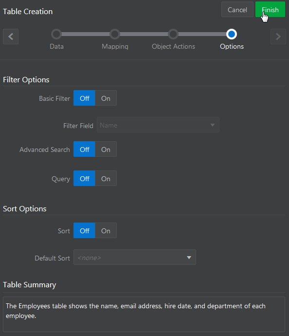 Options page of the Table Creation wizard