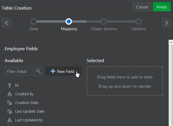 Mapping page of the Table Creation wizard