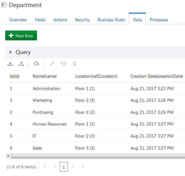 Departments in Data tab of Data Designer