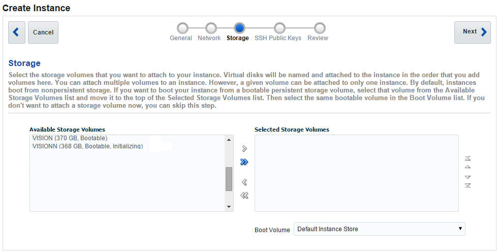 Storage page of the Create Instance dialog