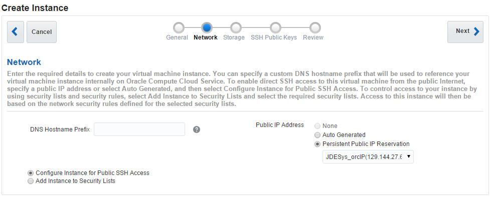 Network page of the Create Instance dialog