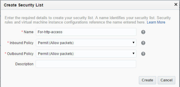 Create Security List dialog