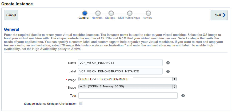 Create Instance dialog