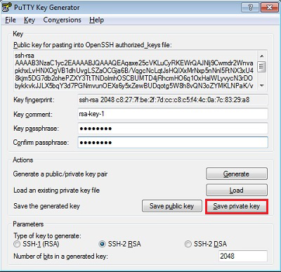 Select Save private key in the PuTTY Key Generator Window