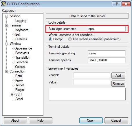 PuTTy Configuration dialog