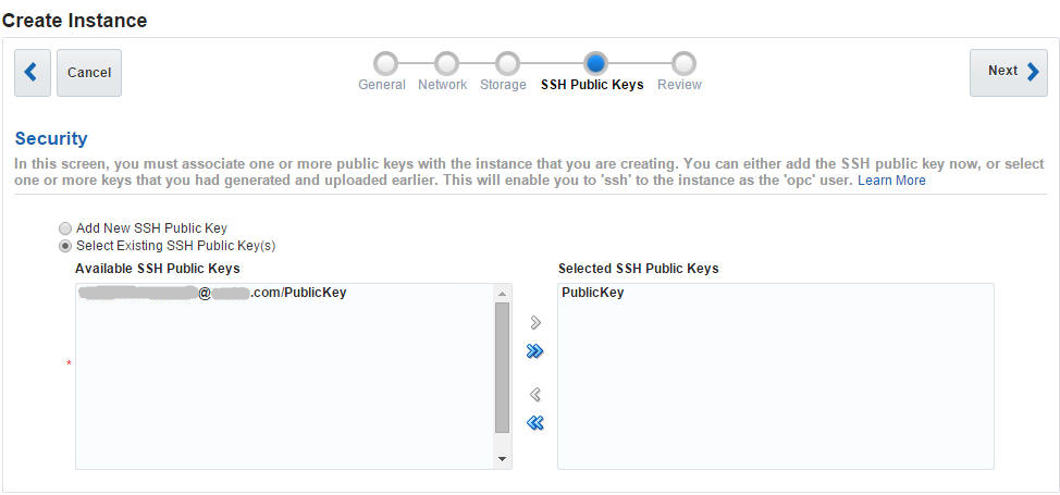 SSH Public Keys page in the Create Instance dialog