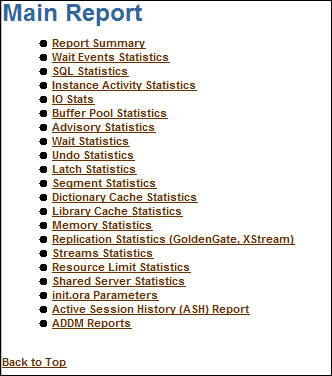 AWR Main Report table of contents