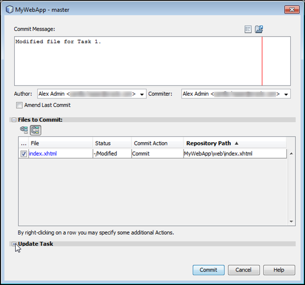 Commit dialog box with Update Task selected