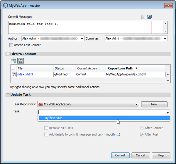 Commit dialog box with task selected