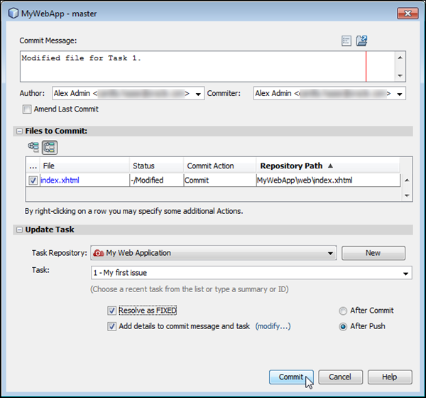 Commit dialog box with update options selected