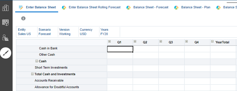 Direct Entry balance sheet with collapsed quarters