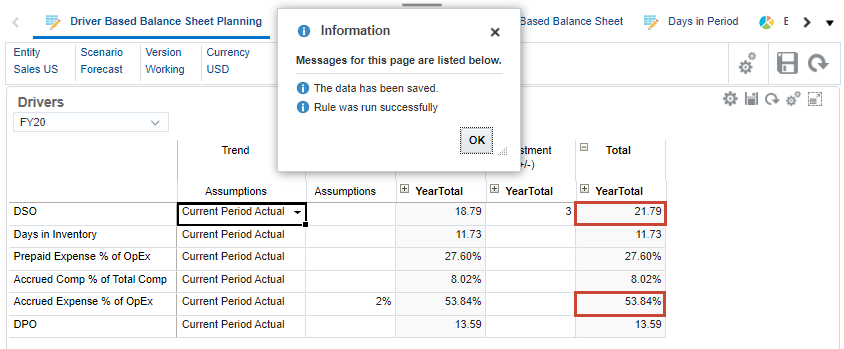 Driver-based balance sheet planning data entry recalculated