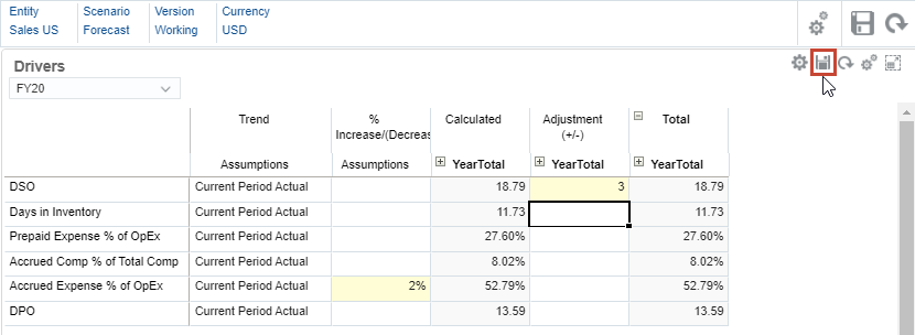 Driver-based balance sheet planning data entry form save