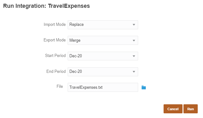 Run Integration dialog box