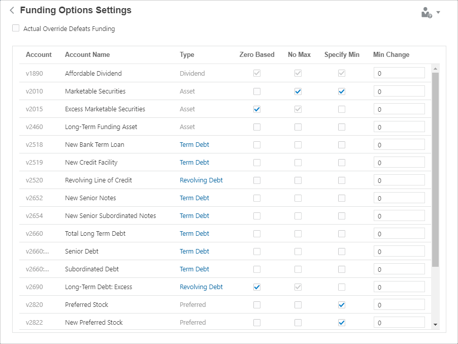 Setting up funding options in Strategic Modeling