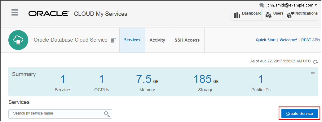 Oracle Database Cloud Service console