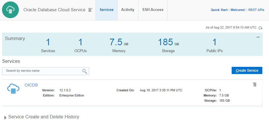 Database Cloud Service console