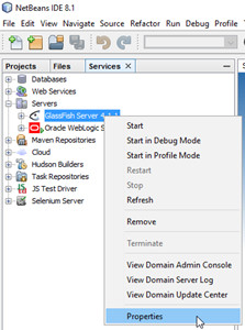 Netbeans Server menu expanded with mouse highlighting the properties option.