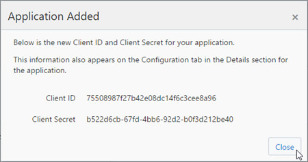 Application Added screen in Identity Cloud Service UI - Client ID and Secret