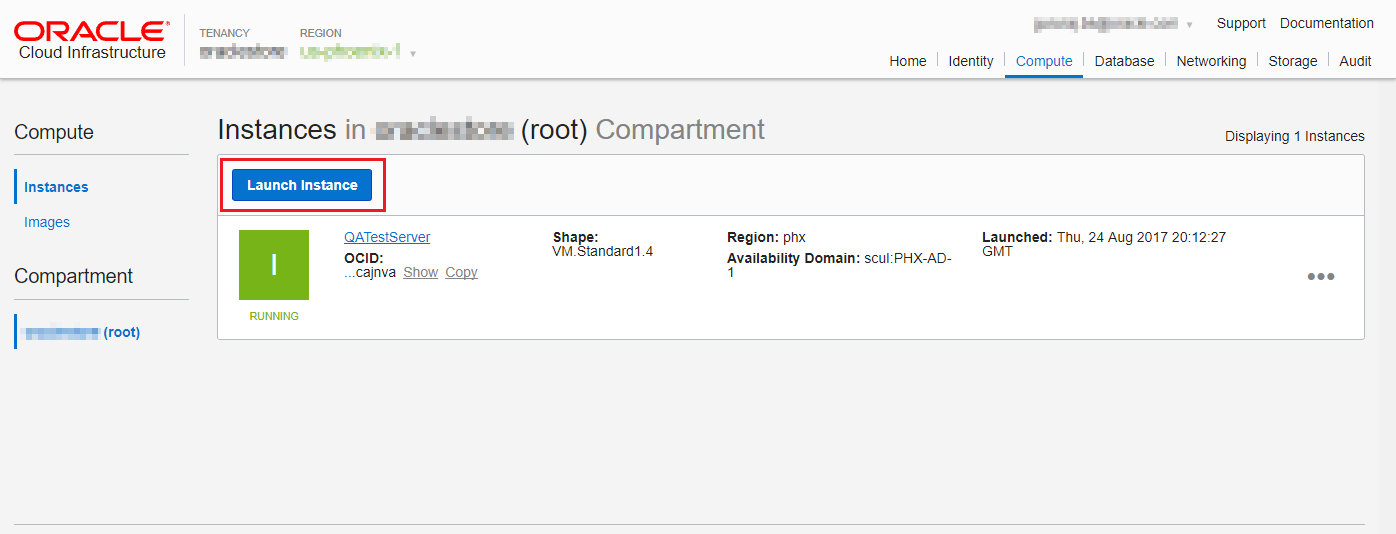 Oracle Cloud Infrastructure Compute Service page with Launch Instance selected.