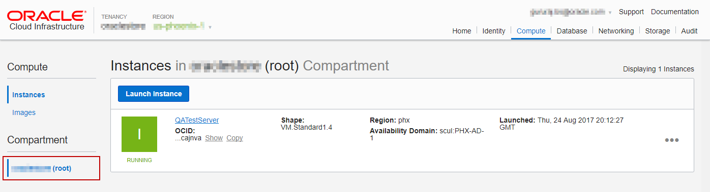 Oracle Cloud Infrastructure Compute Service page with the root compartment selected in the Compartment section.