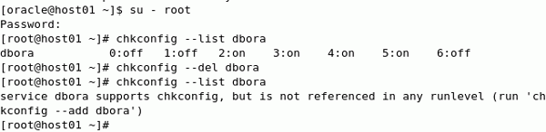 This windows shows the following commands: su - root; chkconfig --list dbora; chkconfig --del dbora; chkconfig --list