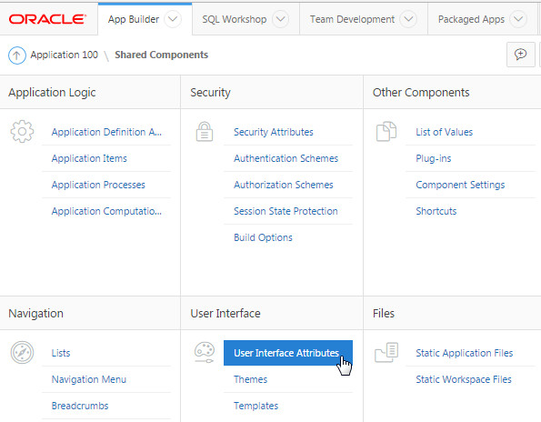 Selecting User Interface sttributes in the Shared Components page