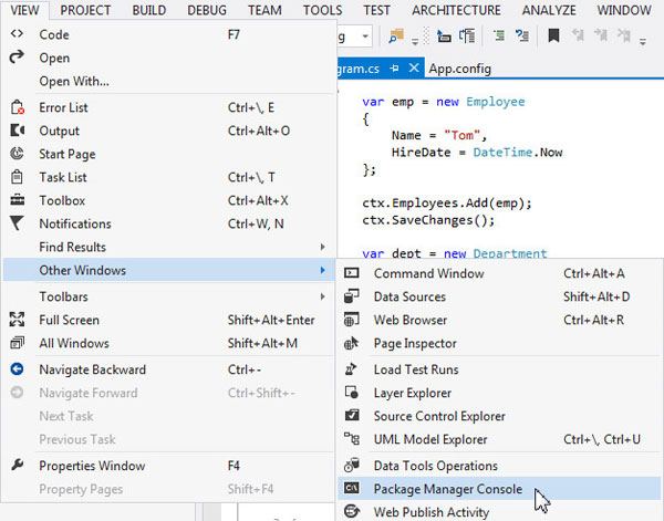Code First Migrations: Select Package Manager Console