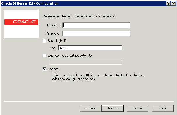 OBI Server DSN Configuration Wizard - DSN Log In information