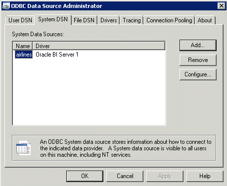 ODBC Data Source Administrator - Systm DSN tab