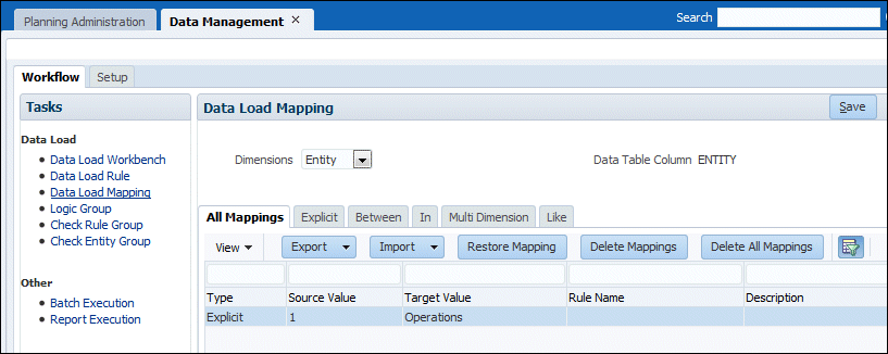 Data Load Mapping page for the Entity dimension