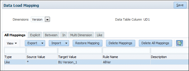 Data Load Mapping page for the Version dimension