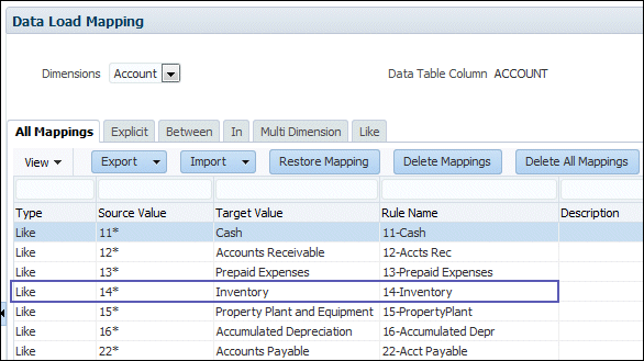 Data Load Mapping page for the Account dimension