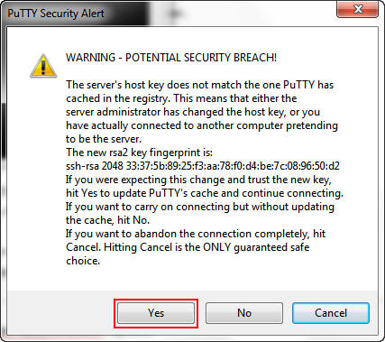 PuTTY Security Alert dialog