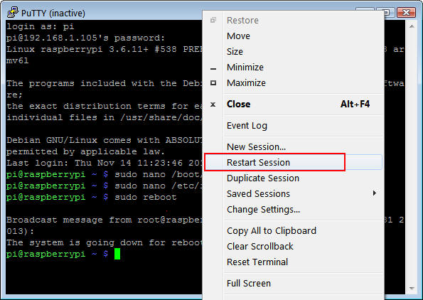 Restart the PuTTY session PuTTY Connection