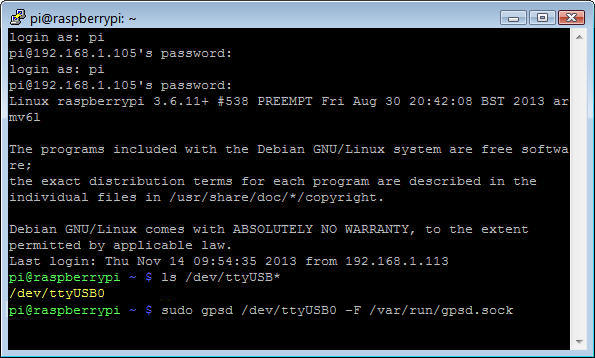 Start the gpsd daemon PuTTY Connection