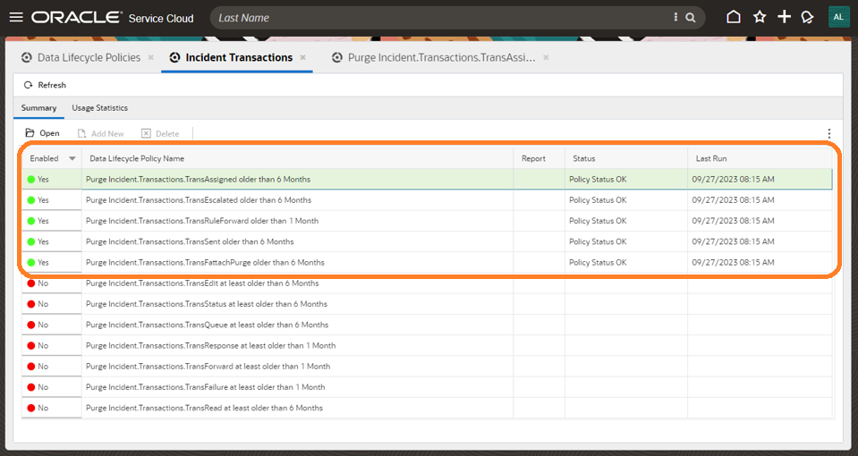 Supported Incident Transactions to Purge