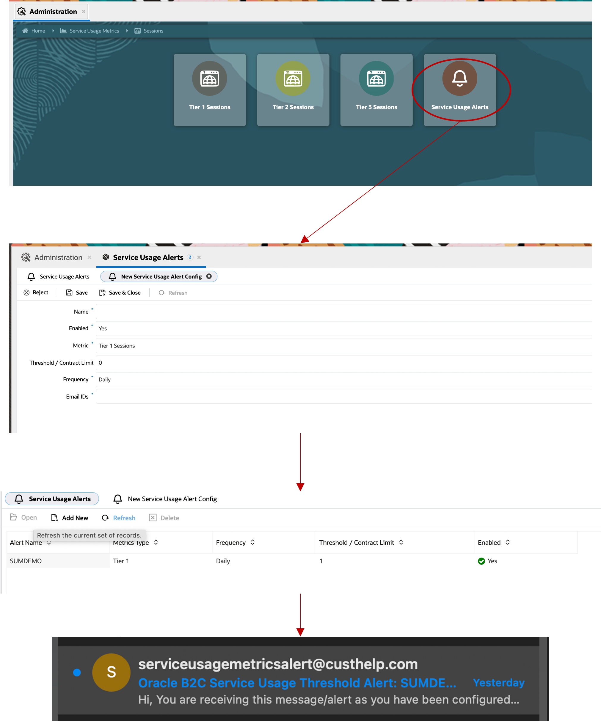 Steps on configuring alert: Open Sessions reports, to configure alerts, once configured, the email ids will receive emails on threshold breach