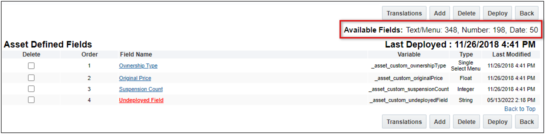 Asset Field Definitions page