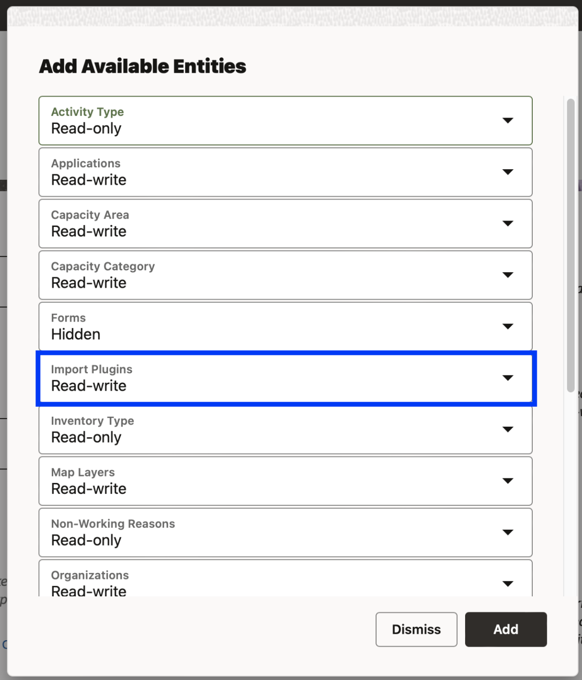 This screenshot shows the Import Plugin entity on the Add Available Entities dialog box.