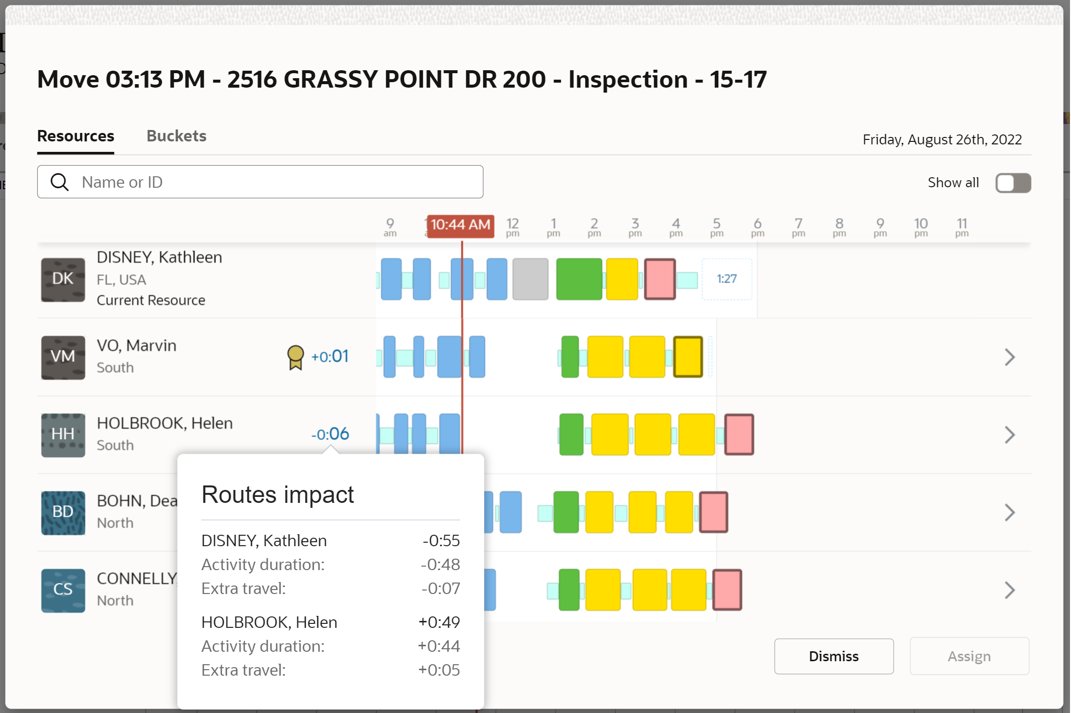 This screenshot shows the route impact while moving an activity from one resource to another.