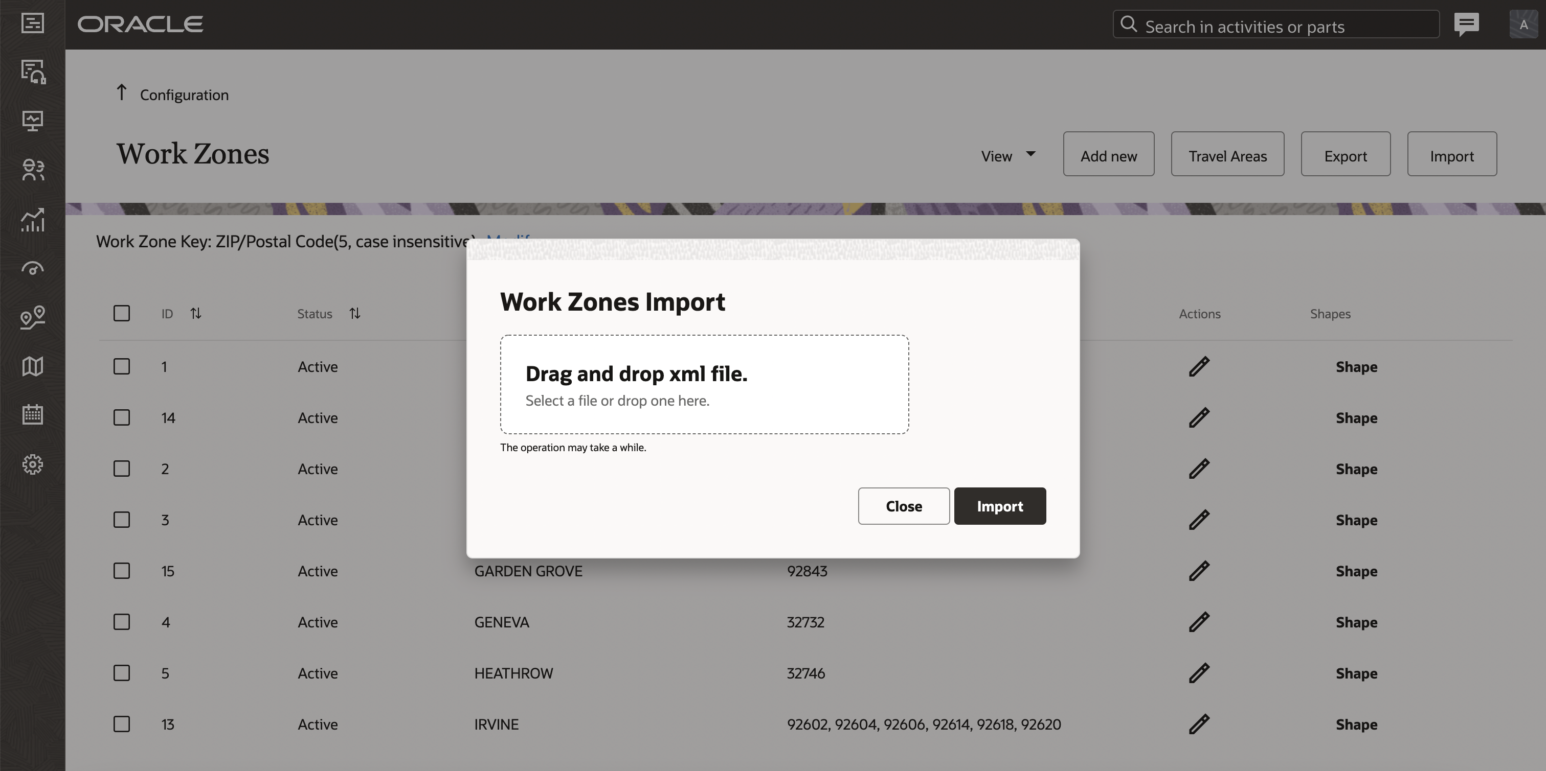 This screenshot shows the Work Zones Import dialog box in Redwood style.