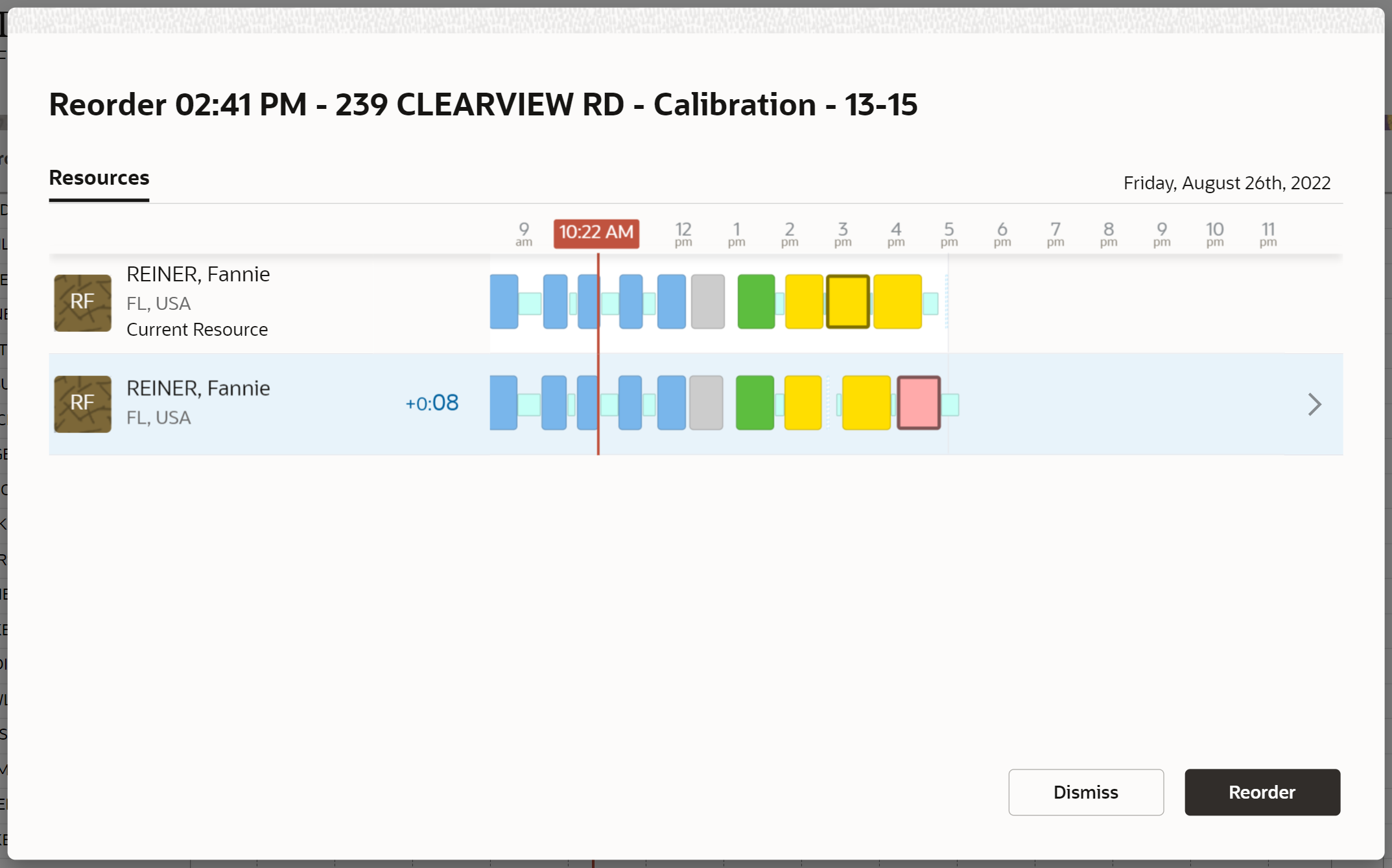 This screenshot shows the route impact while reordering an activity within a route.