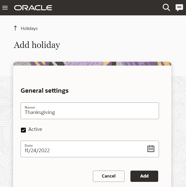 This screenshot shows the Add Holiday page in Redwood style.